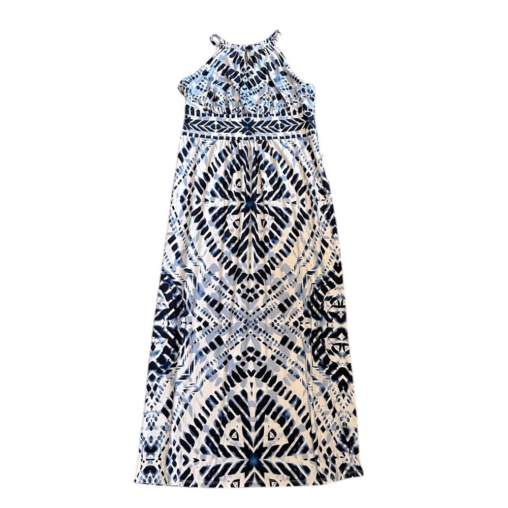 CHICO’S blue & white sleeveless halter neck keyhole maxi dress Chico’s 2 (L/12) - Picture 1 of 9